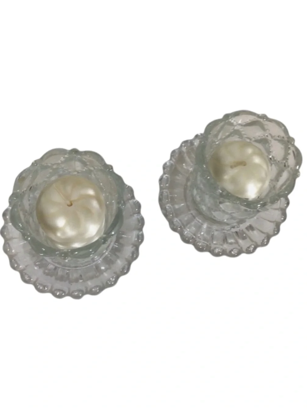 PartyLite Quilted Crystal Clear Glass Candle Holders Pair 4.75” Pedestal Votive